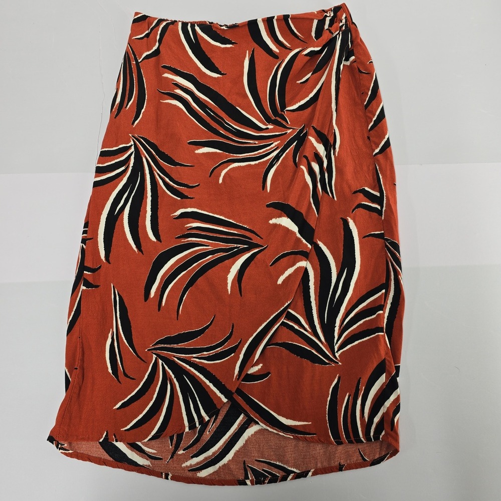 Evereve Womens Small Rust Orange Palm Leaf Faux Wrap‎ Midi Skirt Rayon Boho